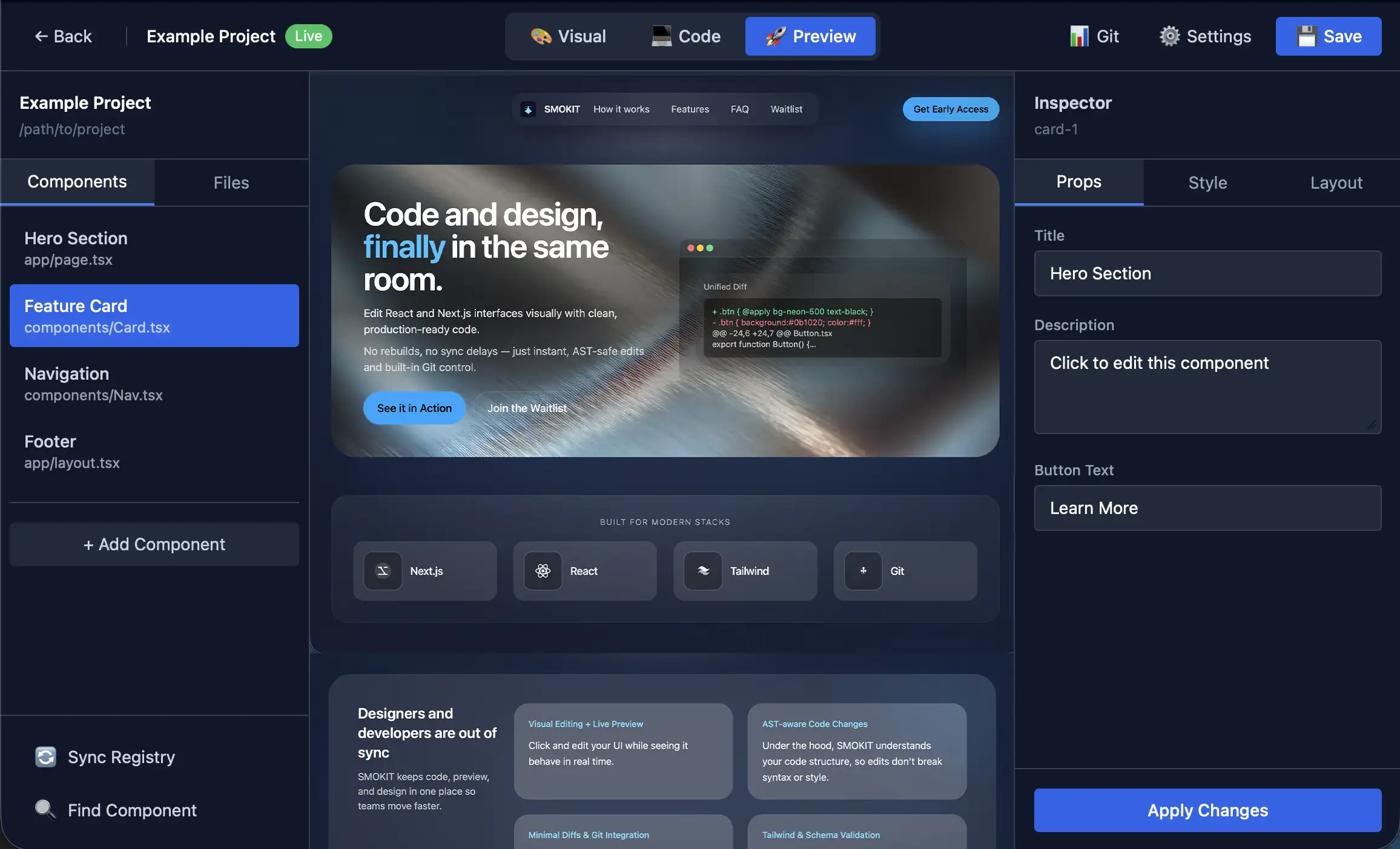 SMOKIT interface showing visual editing, code changes, and live preview